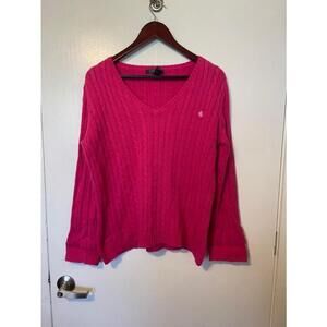 Vintage Lauren Ralph Lauren Sweater Womens Hot Pink V Neck Cable Knit Size XL